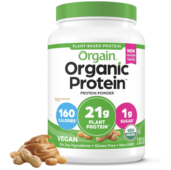 Orgain Organic Vegan Protein Powder, Peanut Butter - 21g Plant Protein, 7g Prebiotic Fiber, Low Net Carb, No Dairy Ingredients, No Added Sugar, For Shakes & Smoothies, 2.03 lb (Packaging May Vary)